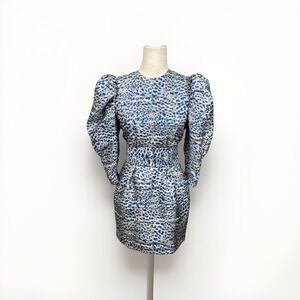 Hunter Bell Sutton Dress Womens 0 Half Puff Sleeve Mini Blue Terrazzo Leopard